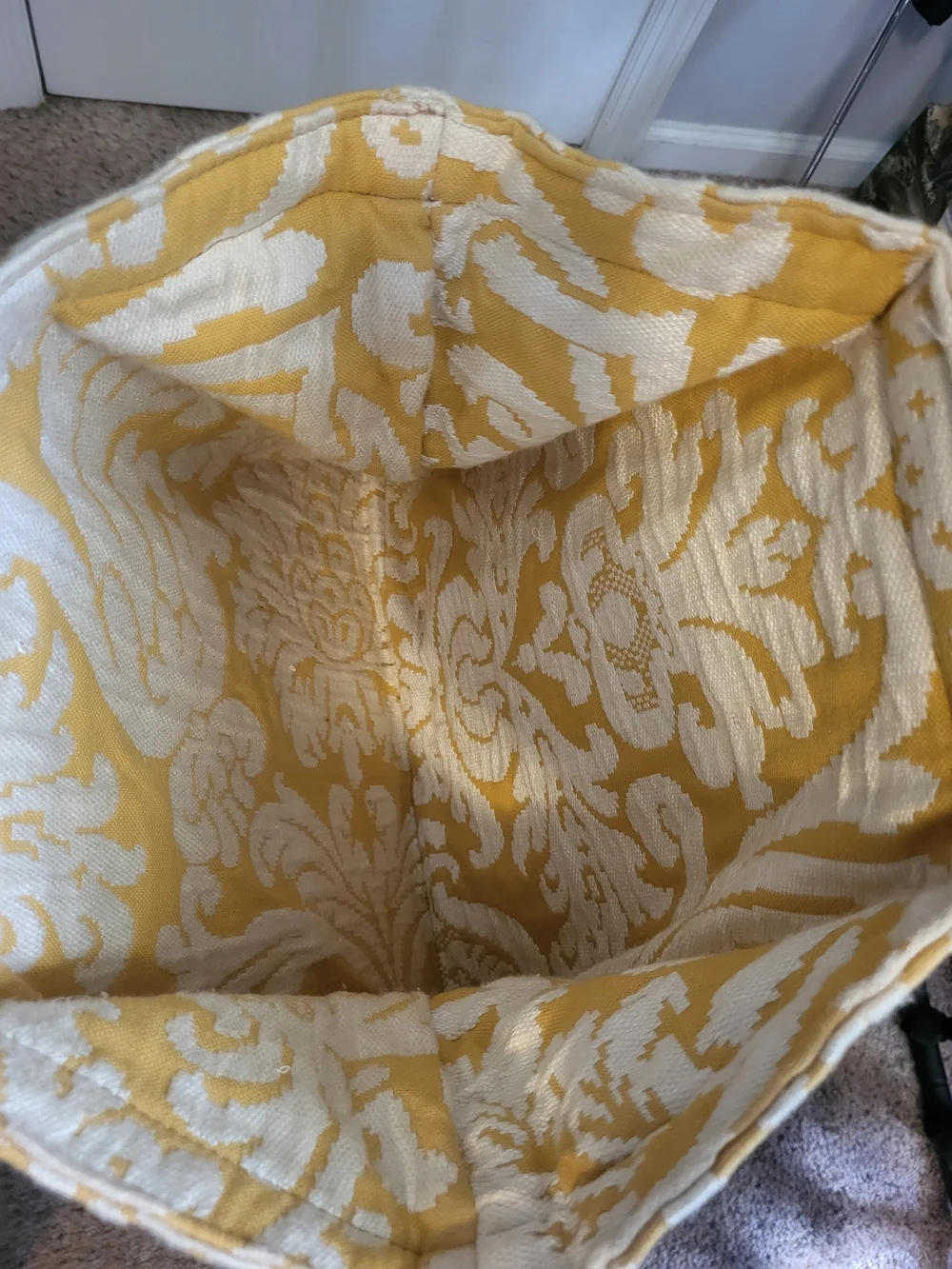Yellow and Cream Patterned Tote Bag with Brown Trim